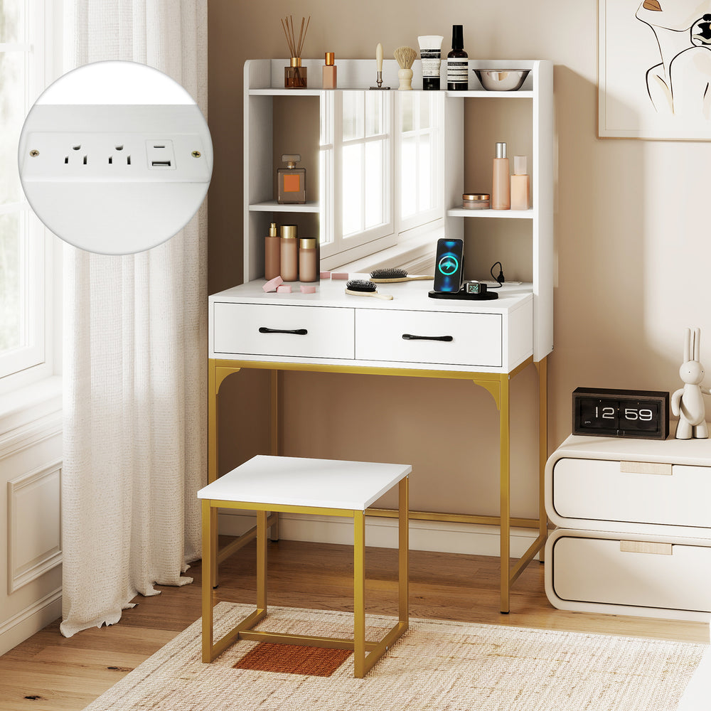 Vanity desk with storage drawers, charging station, and mirror; features 5 shelves and a sturdy metal stand.