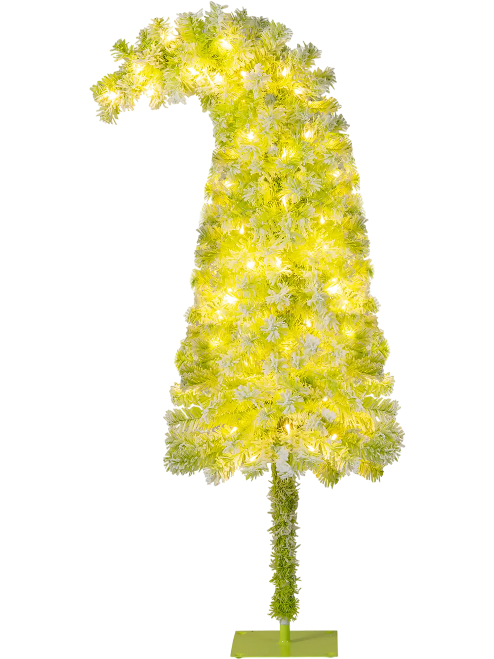 Whimsical 5 FT Christmas tree with bendable top, lush green leaves, snow flocking, and warm white LED lights for.