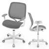 Gray swivel mesh children’s computer chair with adjustable height, curved backrest, and side armrests for comfort.