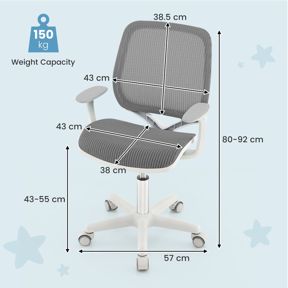Swivel mesh children's computer chair in gray with adjustable height, curved backrest, and armrests for comfort.