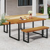 Patio dining table set featuring a 63” acacia wood table and two backless benches, perfect for outdoor gatherings.