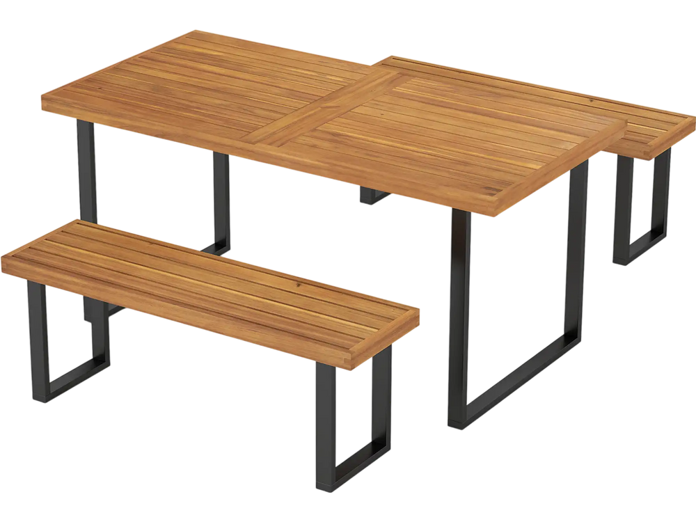 3 Pieces Patio Dining Table Set 63” Rectangle Table and 2 Backless Bench
