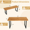 Dimensions of the 63” patio dining table and two backless benches, featuring acacia wood and metal base for stability.