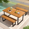 Backless bench and 63” acacia wood table in a rustic patio dining set, perfect for outdoor meals and gatherings.