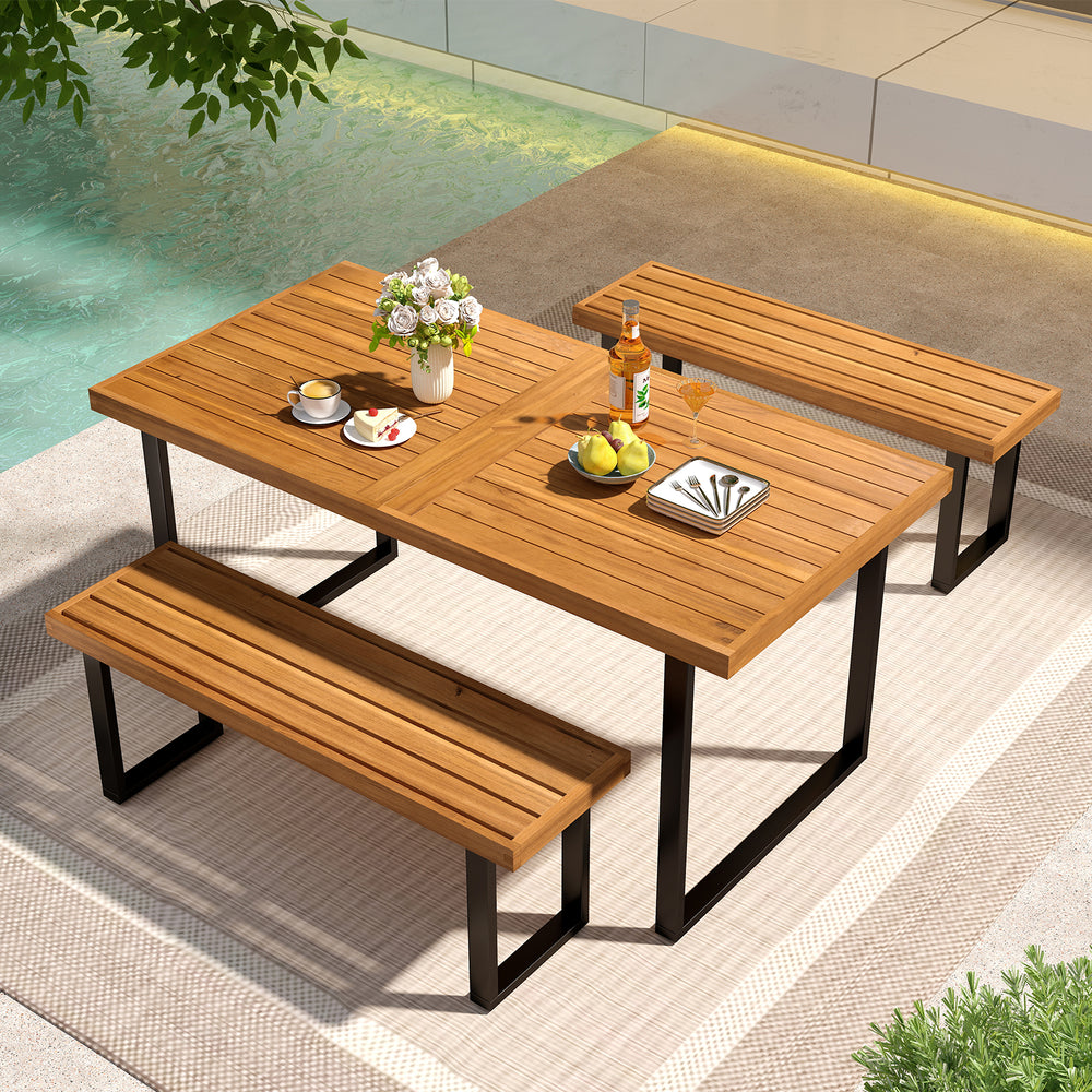 Backless bench and 63” acacia wood table in a rustic patio dining set, perfect for outdoor meals and gatherings.
