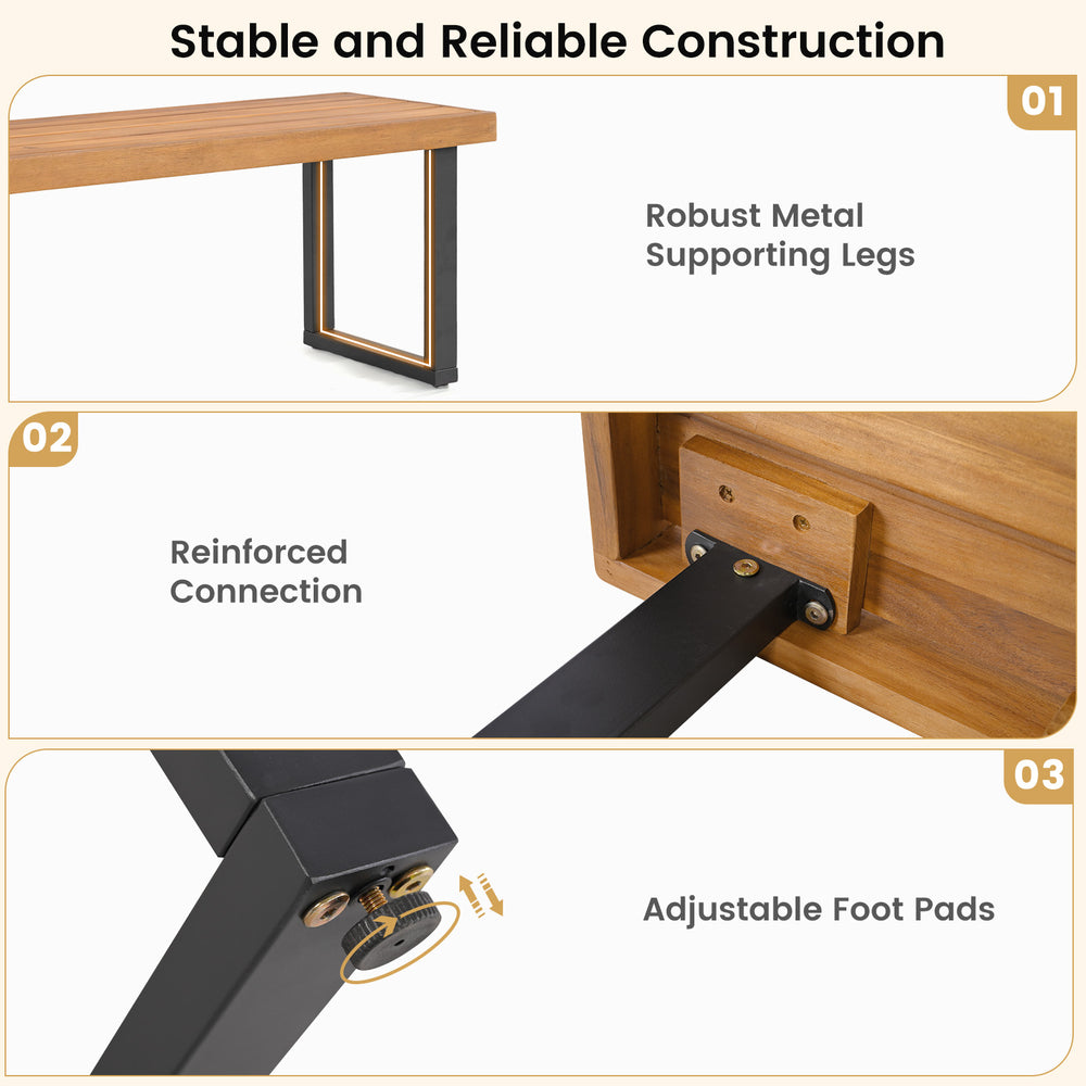 Close-up of the adjustable foot pad on the metal base of the 63” patio dining table set for stable outdoor use.