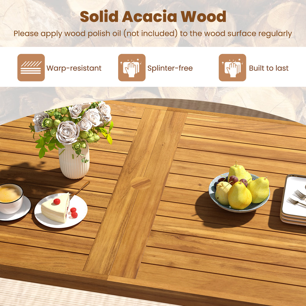 Solid acacia wood dining table set with slatted design, accommodating 4 people, perfect for outdoor patio use.
