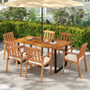 7-piece patio dining set featuring a 63” acacia wood table and 6 armchairs with cushions, perfect for outdoor dining.