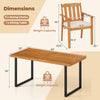 Dimensions of 7-piece patio dining set featuring a 63” acacia wood table and 6 armchairs with removable cushions.