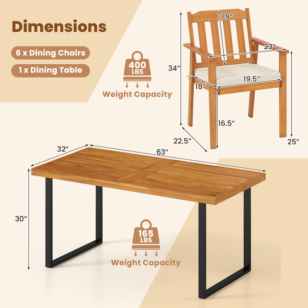 Dimensions of 7-piece patio dining set featuring a 63” acacia wood table and 6 armchairs with removable cushions.