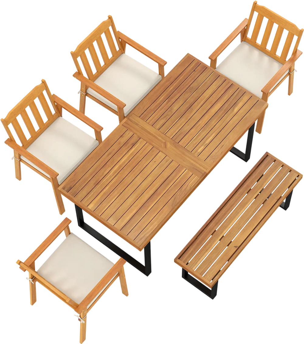 6 Pieces Patio Dining Table Set 63” Rectangle Table with 4 Acacia Wood Armchairs and Backless Bench