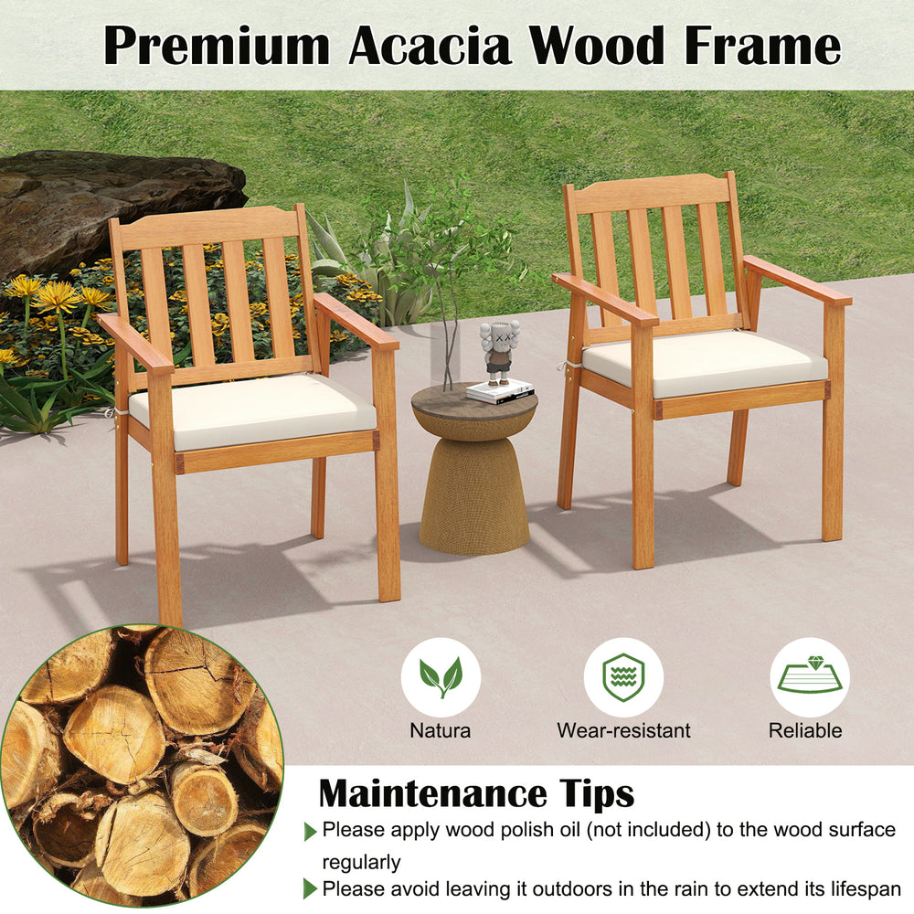 Acacia wood armchair with removable cushion, showcasing a rustic design for comfortable outdoor dining.