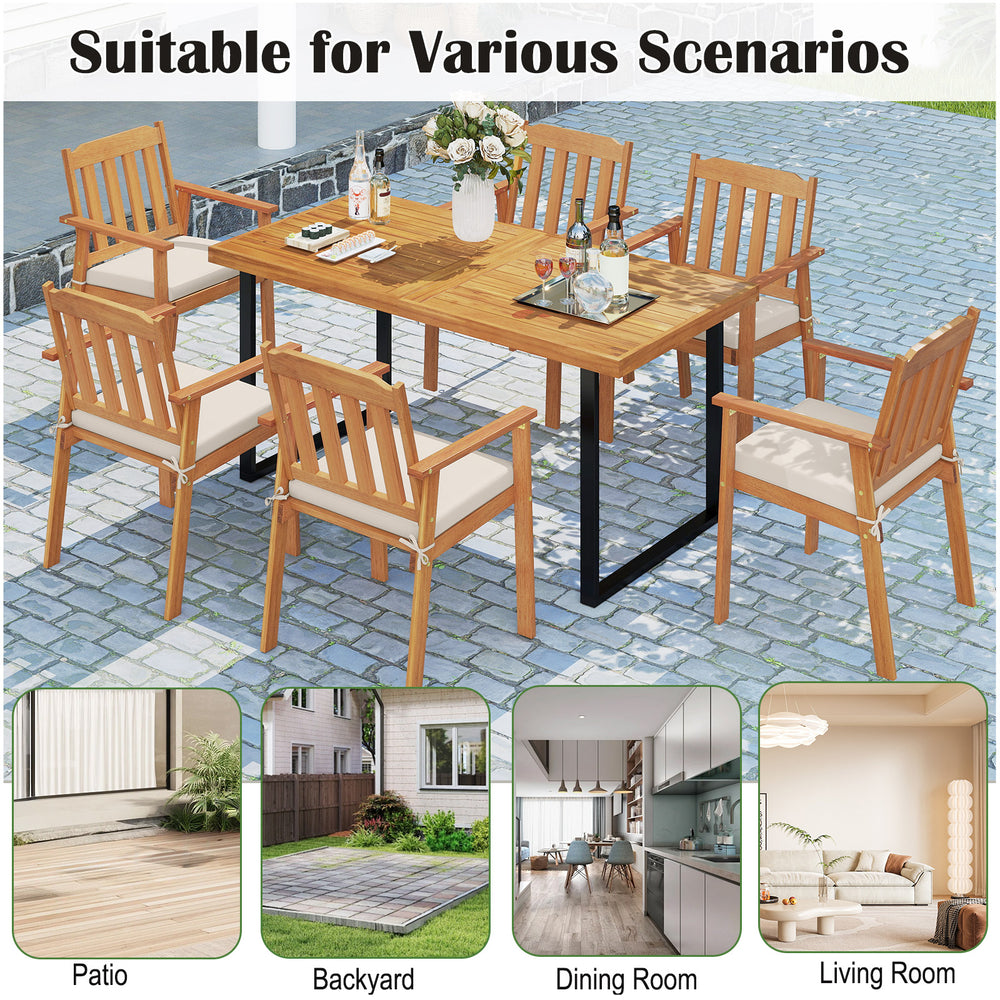 6-piece patio dining set featuring a 63” acacia wood table, 4 armchairs, and a versatile backless bench for outdoor.