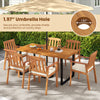Patio dining table set featuring a 63” acacia wood table with 1.97” umbrella hole and four armchairs for outdoor dining.
