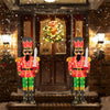 5 FT lighted Christmas nutcracker with tall hat and glitter sword, showcasing festive colors for outdoor holiday.