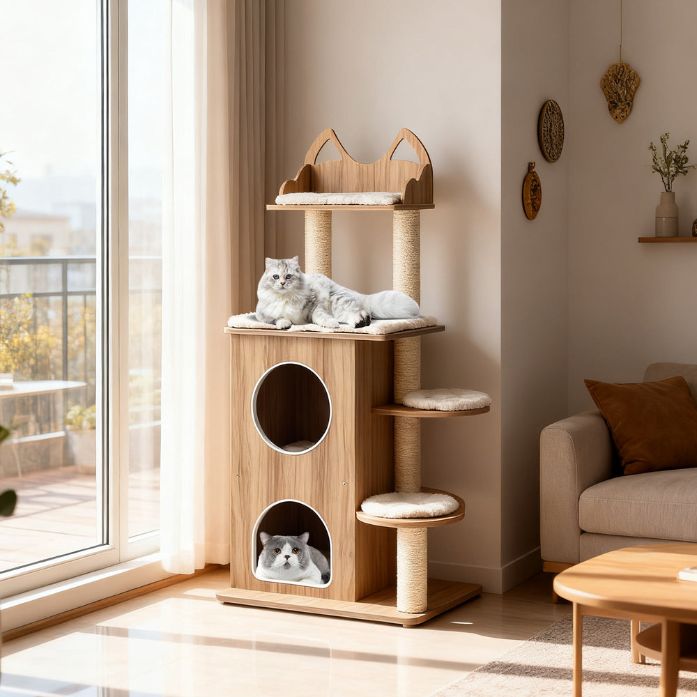 Wooden cat tree with 2-floor condo, plush washable cushions, and sisal scratching posts for multi-cat households.