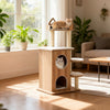 Wooden cat tree with 2-floor condo, sisal scratching posts, and washable cushions for multi-cat households.