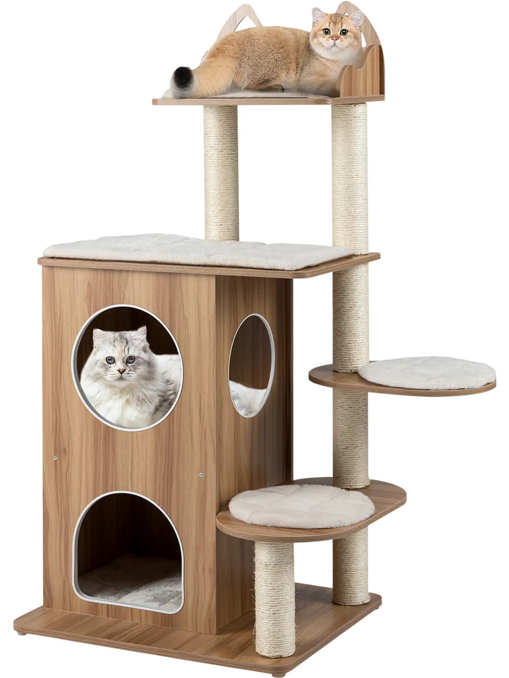 Side view of a 48-inch wooden cat tree with two round jumping platforms and a cozy top perch for playful exploration.