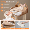 Comfy plush cushions on a 48-inch wooden cat tree with a natural finish, designed for multi-cat households.