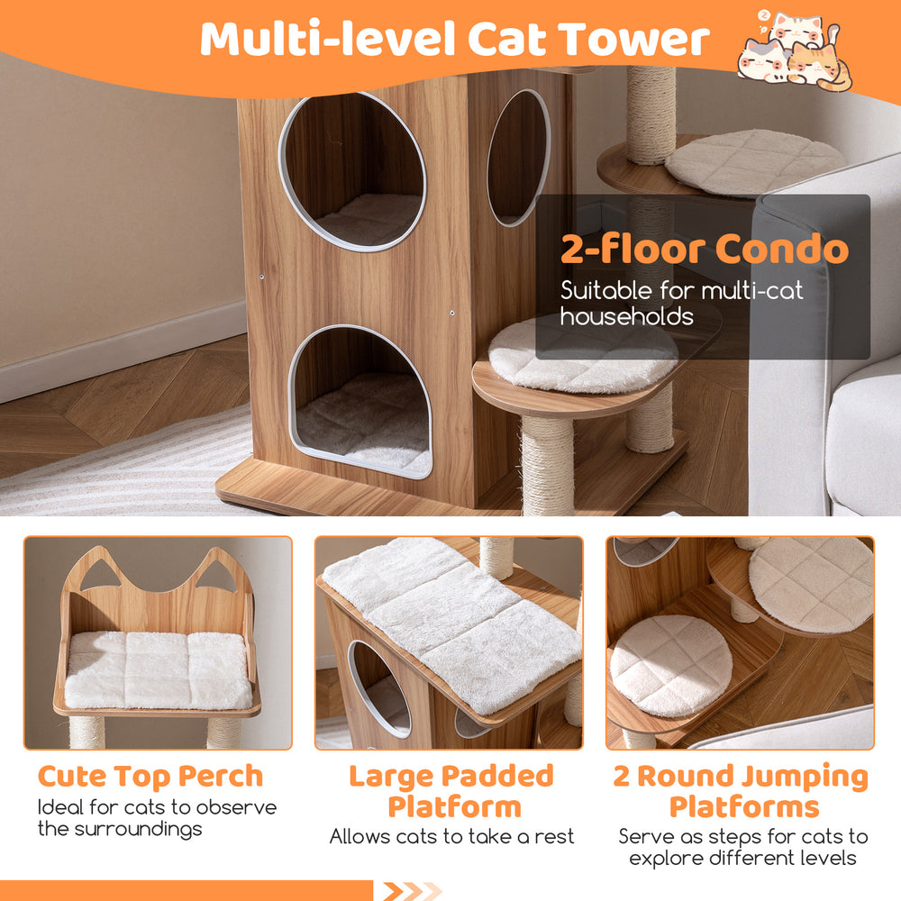 Multi-level cat tower featuring a 2-floor condo, large padded platform, and cute top perch for observing surroundings.