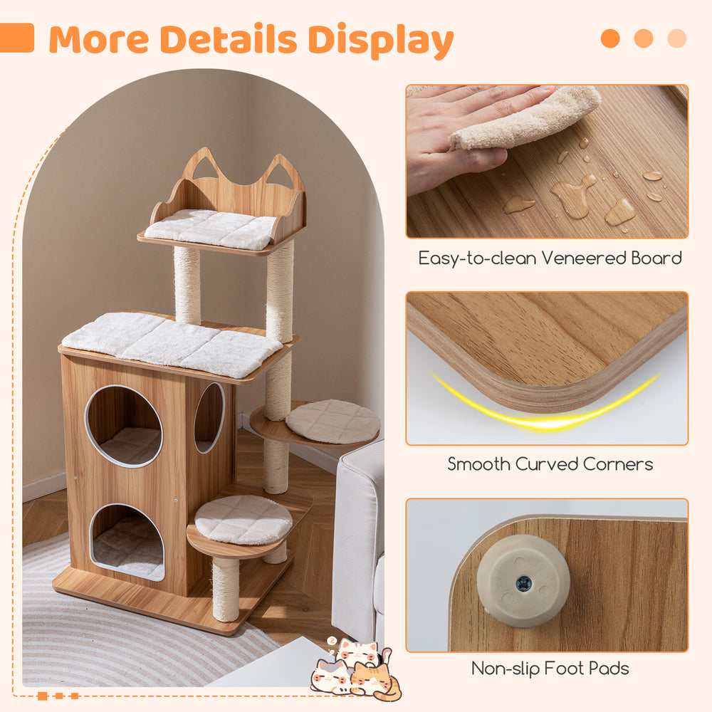 Wooden cat tree with 2-floor condo, washable cushions, and non-slip foot pads for multi-cat households.