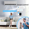 Mini split heat pump with WiFi, remote control, and voice activation, designed for efficient heating and cooling.