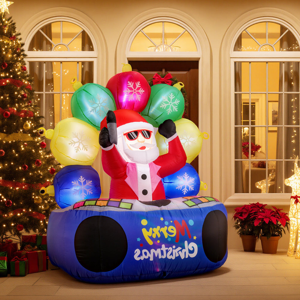 Inflatable DJ Santa with rotating music light and flashing LEDs, perfect for festive outdoor gatherings and.