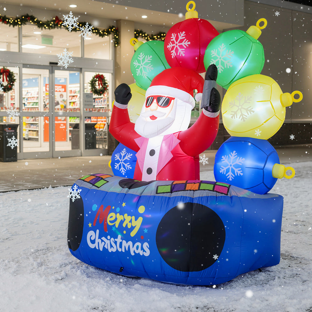 6-foot inflatable DJ Santa with rotating music light and flashing LEDs, perfect for festive outdoor displays.