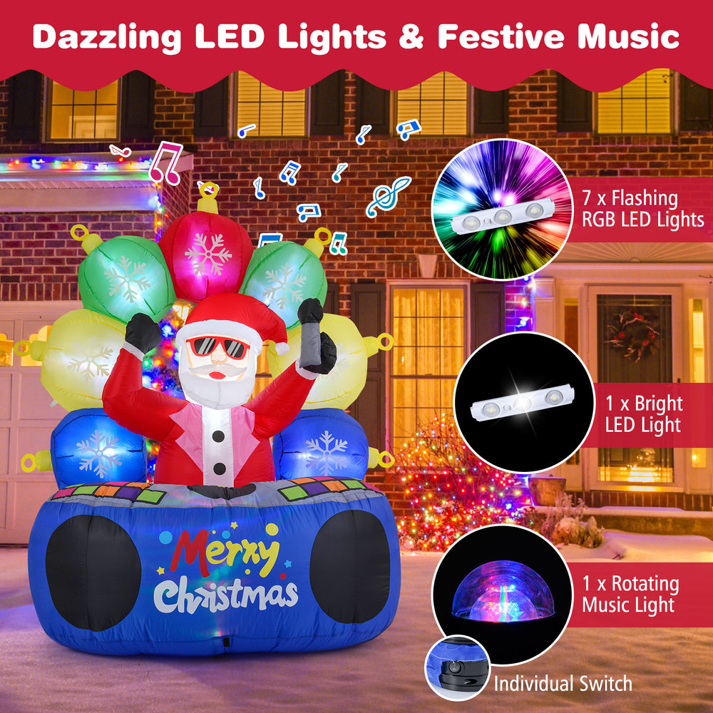 Inflatable DJ Santa with flashing RGB LED lights and rotating music light, perfect for festive outdoor celebrations.