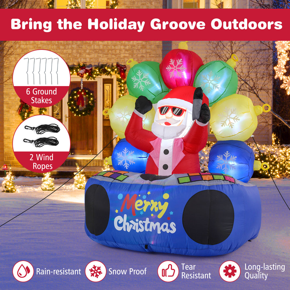 Inflatable DJ Santa with rotating music light and flashing LEDs, 6 feet tall, perfect for festive outdoor displays.