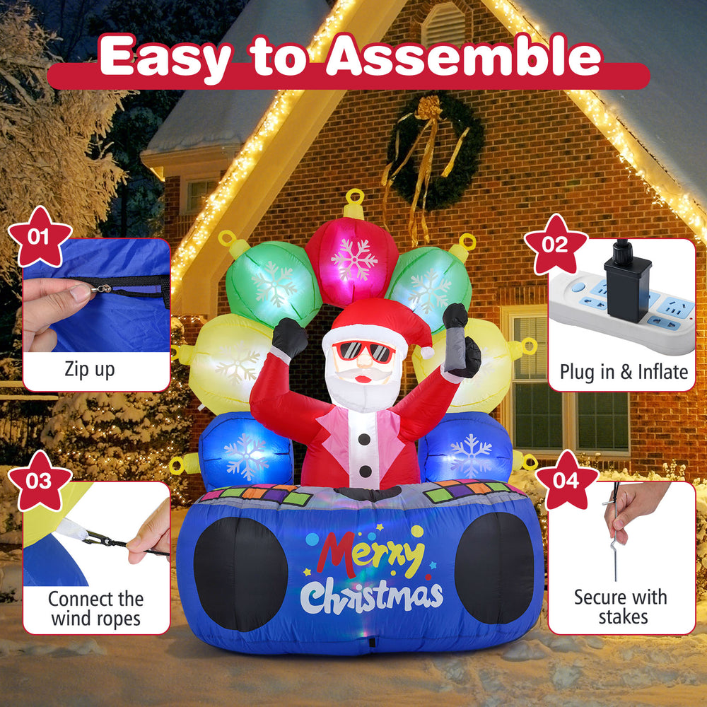 6-foot inflatable DJ Santa with RGB LED lights and a glowing booth, perfect for festive outdoor displays.