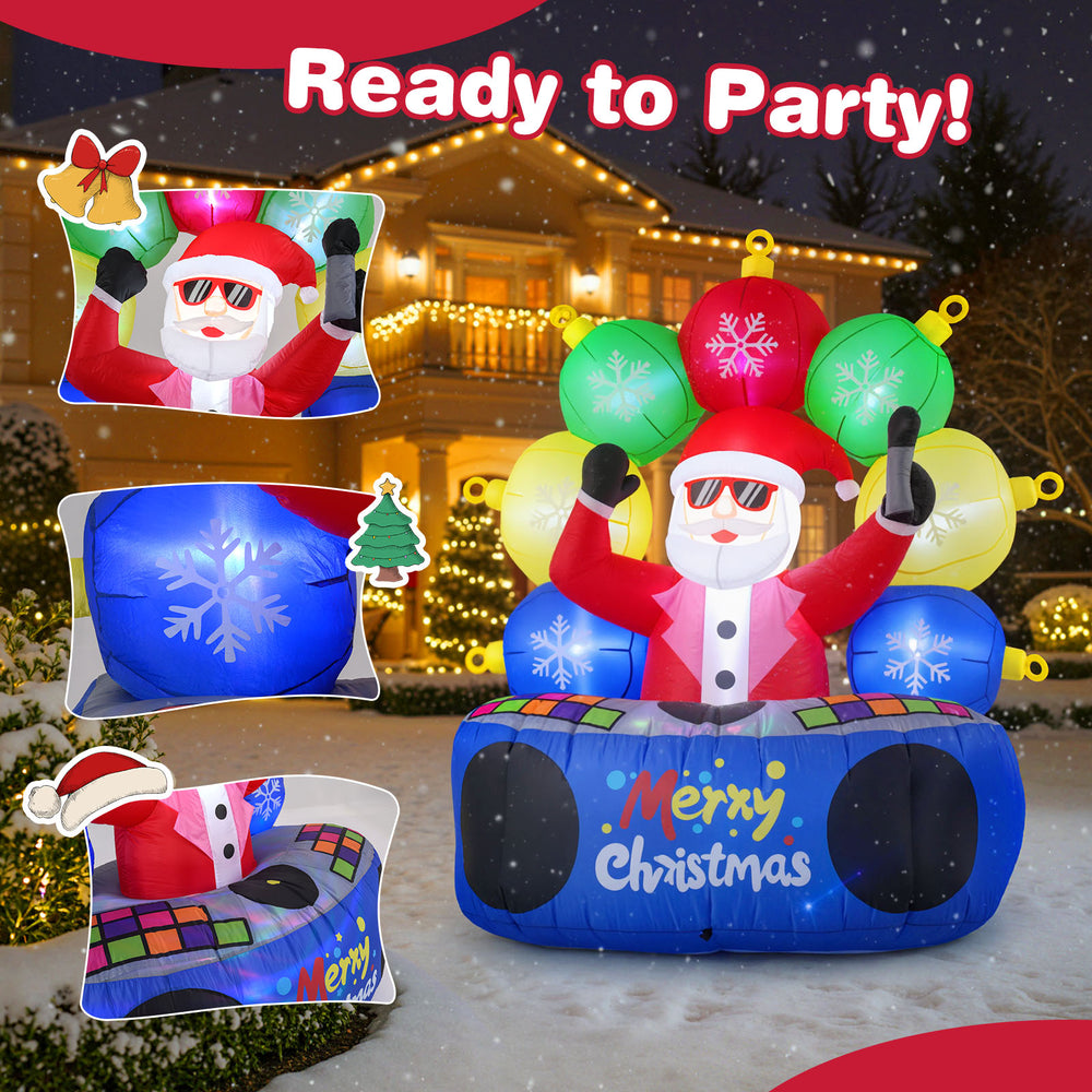 Inflatable DJ Santa with rotating music light and flashing LEDs, perfect for festive outdoor parties and events.