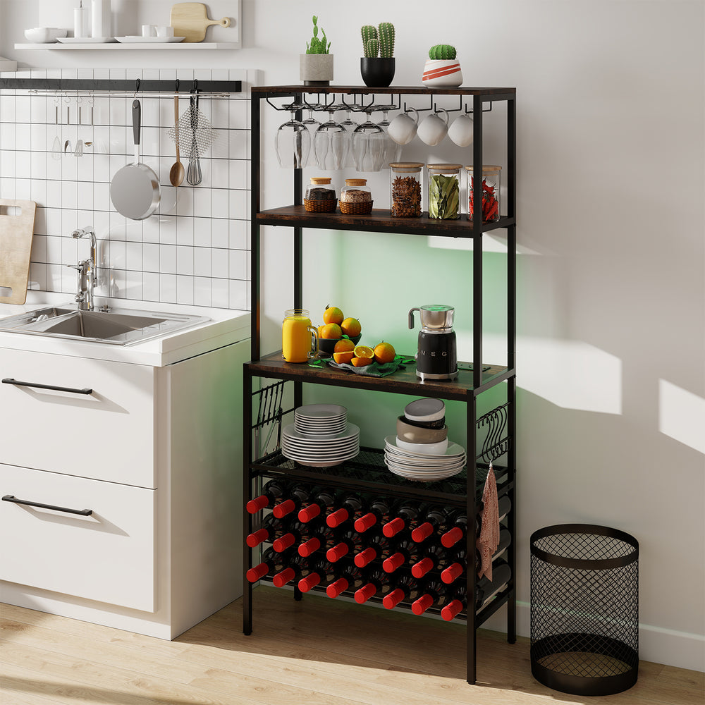 Rustic brown wine organizer with 24 bottle holders, adjustable shelves, and built-in power outlet for kitchen or home.