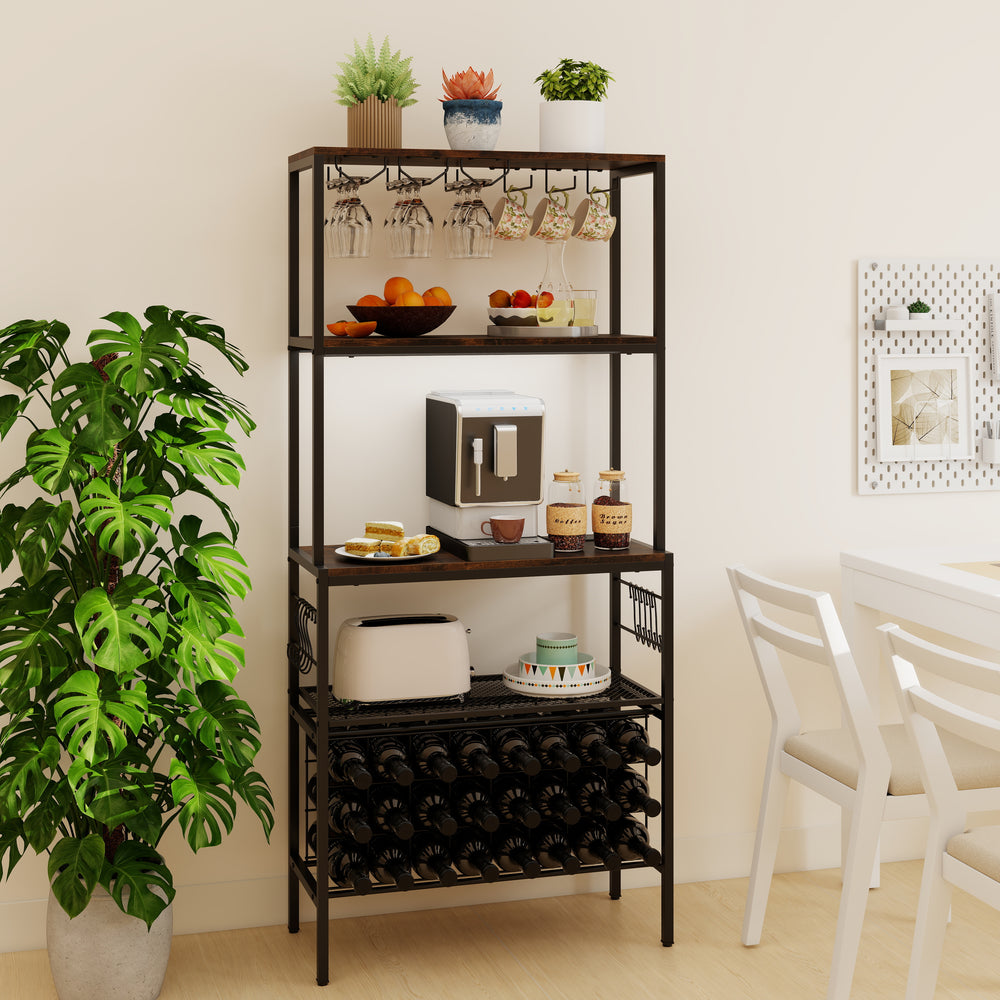 Rustic brown wine organizer with power outlet, 4-tier shelves, and 24 bottle holders for kitchen or home bar use.