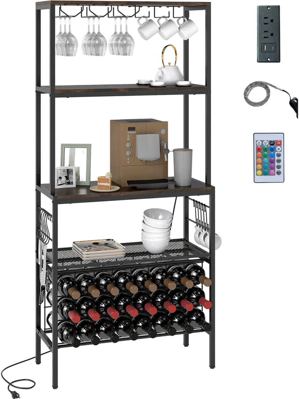 Rustic brown wine organizer with power outlet, 4-tier shelves, 24 bottle holders, and adjustable RGB lights for home.