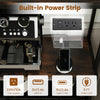 Rustic brown wine organizer featuring 24 bottle holders, built-in power outlet, and adjustable RGB light for home bar.