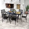 Patio rectangular aluminum table with stackable armchairs, featuring slatted seats and elegant backrest patterns for.