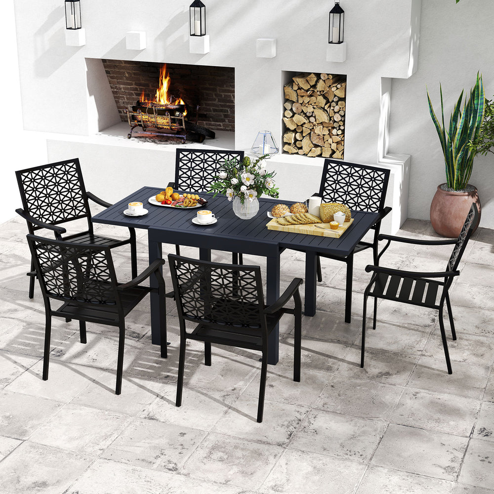 Patio rectangular aluminum table with stackable armchairs, featuring slatted seats and elegant backrest patterns for.
