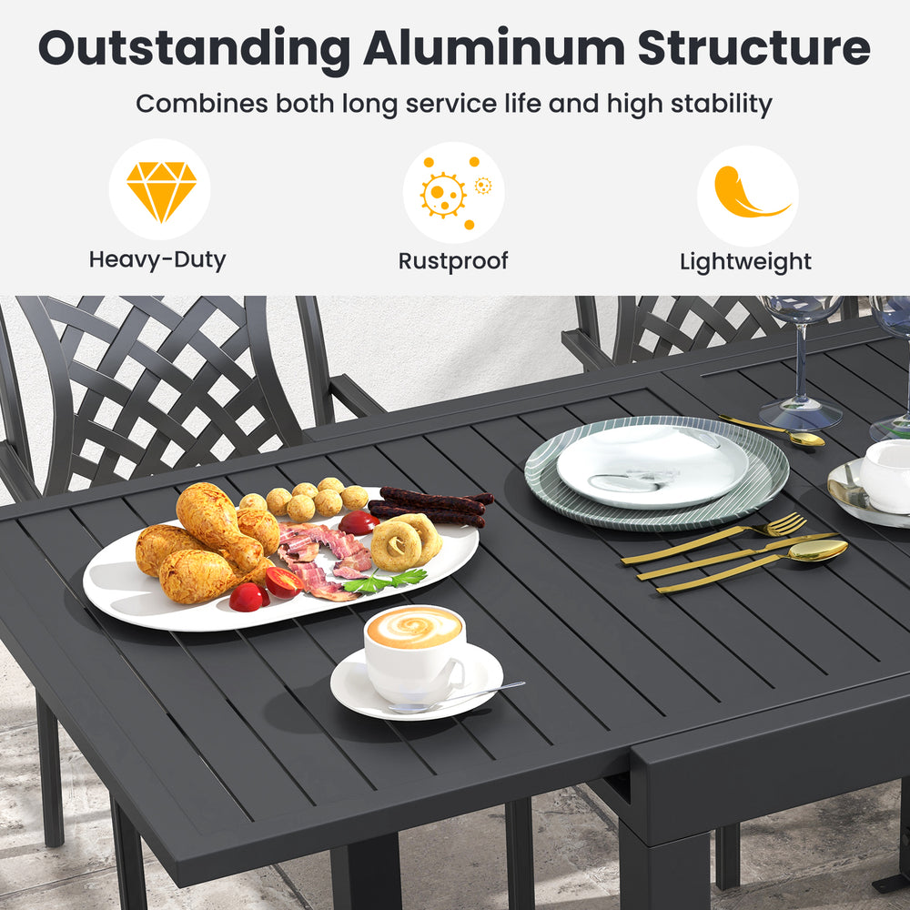 Patio rectangular aluminum table set with slatted tabletop and stackable armchairs, perfect for outdoor gatherings.
