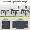 Expandable rectangular aluminum table with slatted tabletop, seats up to 6, ideal for outdoor patio gatherings.