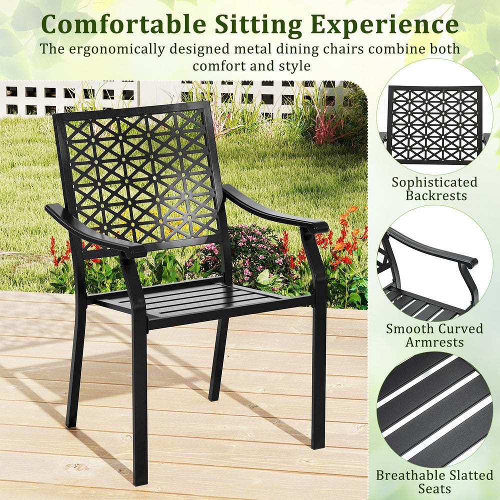 Stackable armchair with elegant backrest pattern, breathable slatted seat, ideal for patio and outdoor dining.