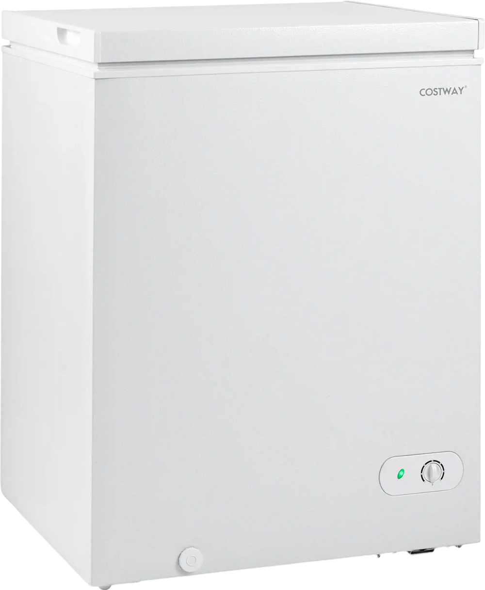 Compact 141 L chest freezer in white with adjustable temperature and top stay-open door, ideal for kitchen or dorm use.
