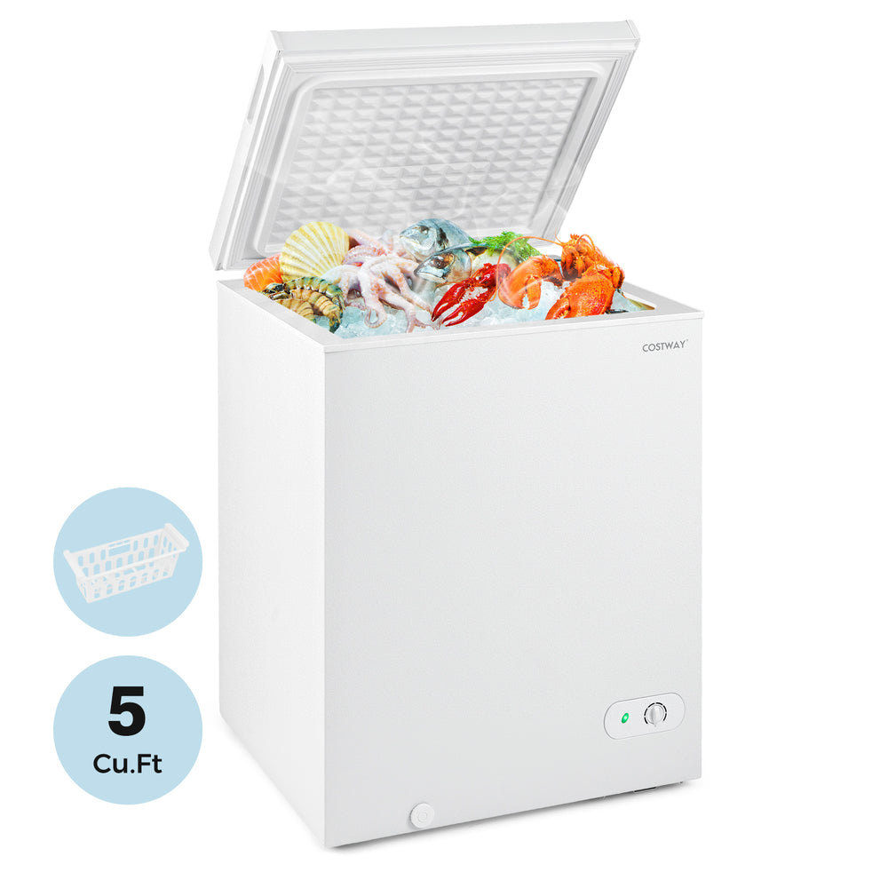 Compact 5 Cu.Ft chest freezer with adjustable temperature, removable basket, and top stay-open door for easy access.