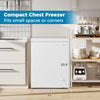 Compact chest freezer with adjustable temperature, measuring 33.5" high and 25" wide, ideal for small spaces.