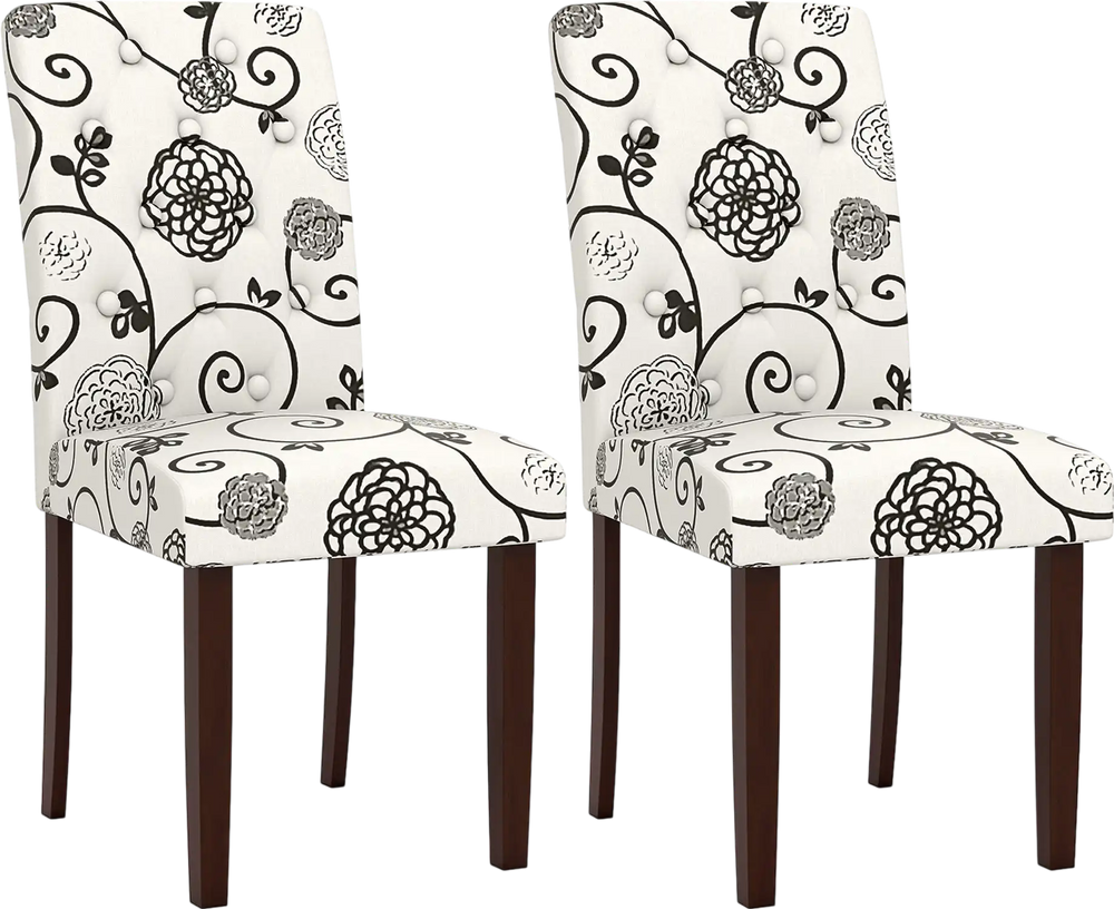 Set of 2 button tufted dining chairs in beige floral fabric with sturdy rubber wood legs for versatile seating.