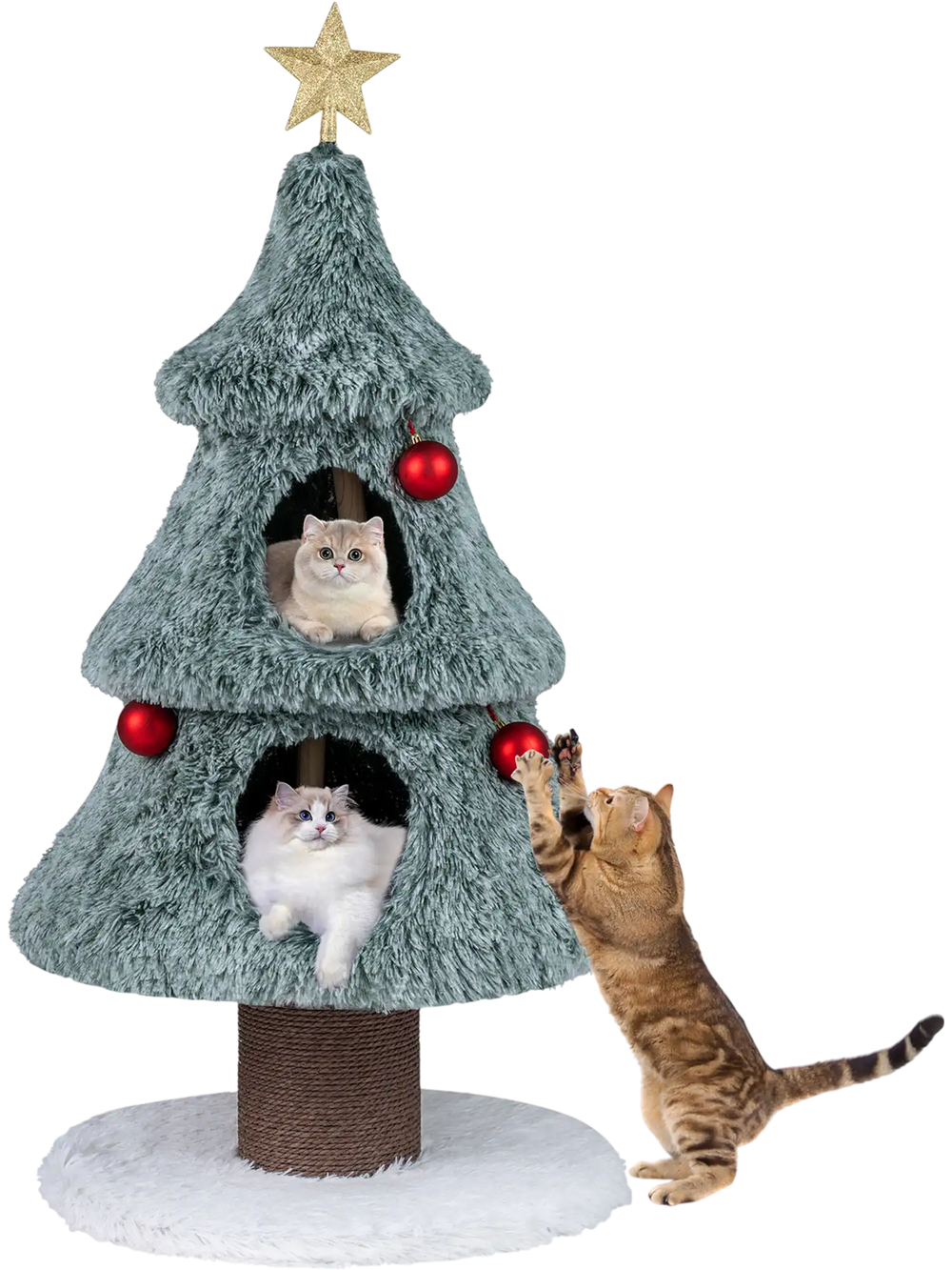 Christmas cat tree featuring a green plush design, two condos, and a scratching post for indoor cats, 48.5 inches tall.