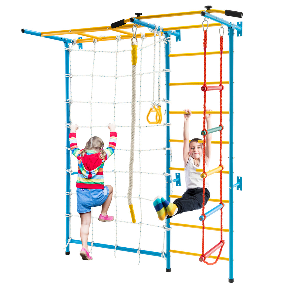 Kids climbing on the 7-in-1 Swedish ladder with monkey bars and rope wall, designed for fun and exercise.