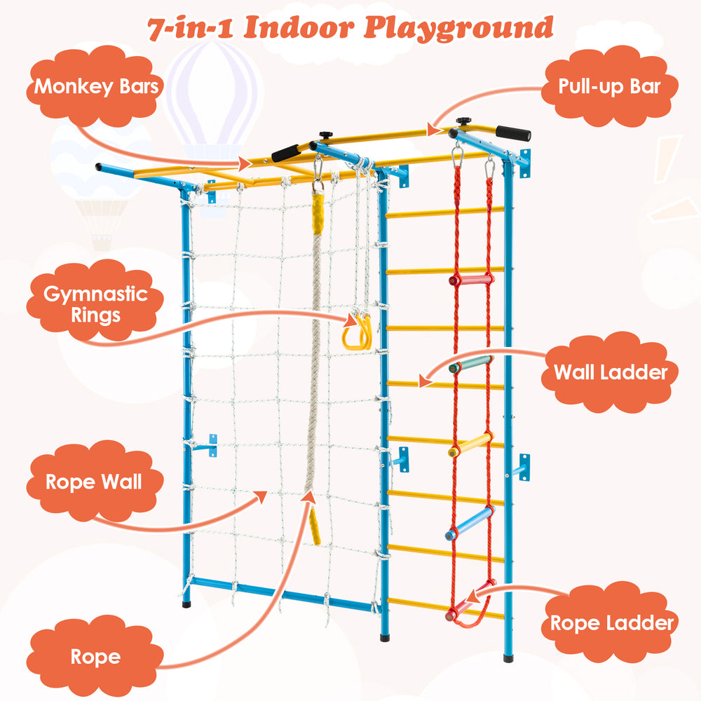 7-in-1 Swedish ladder featuring monkey bars, pull-up bar, and rope wall, designed for kids' indoor play and exercise.