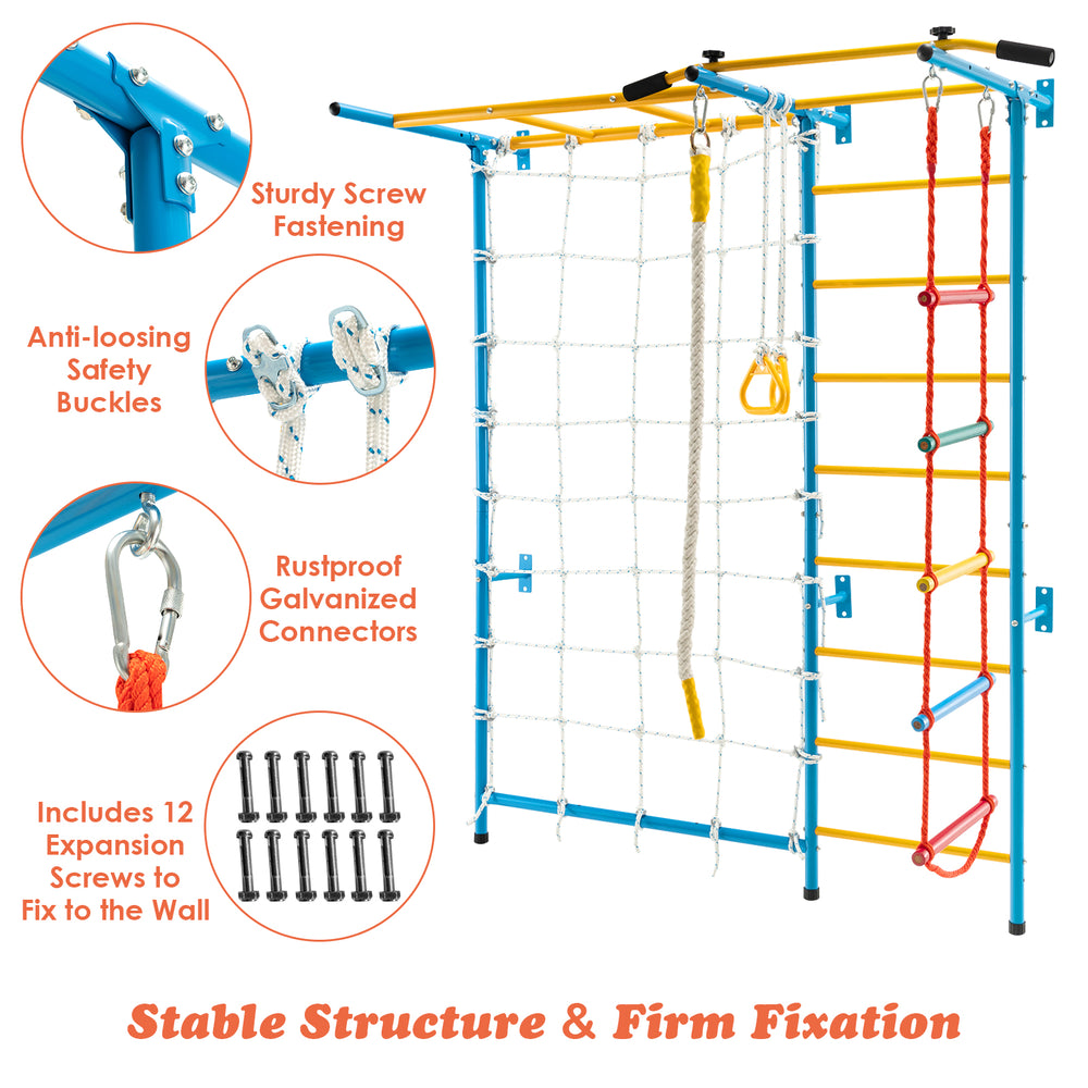 7-in-1 Swedish ladder with monkey bars and padded pull-up bar, designed for kids' fun and solid wall installation.