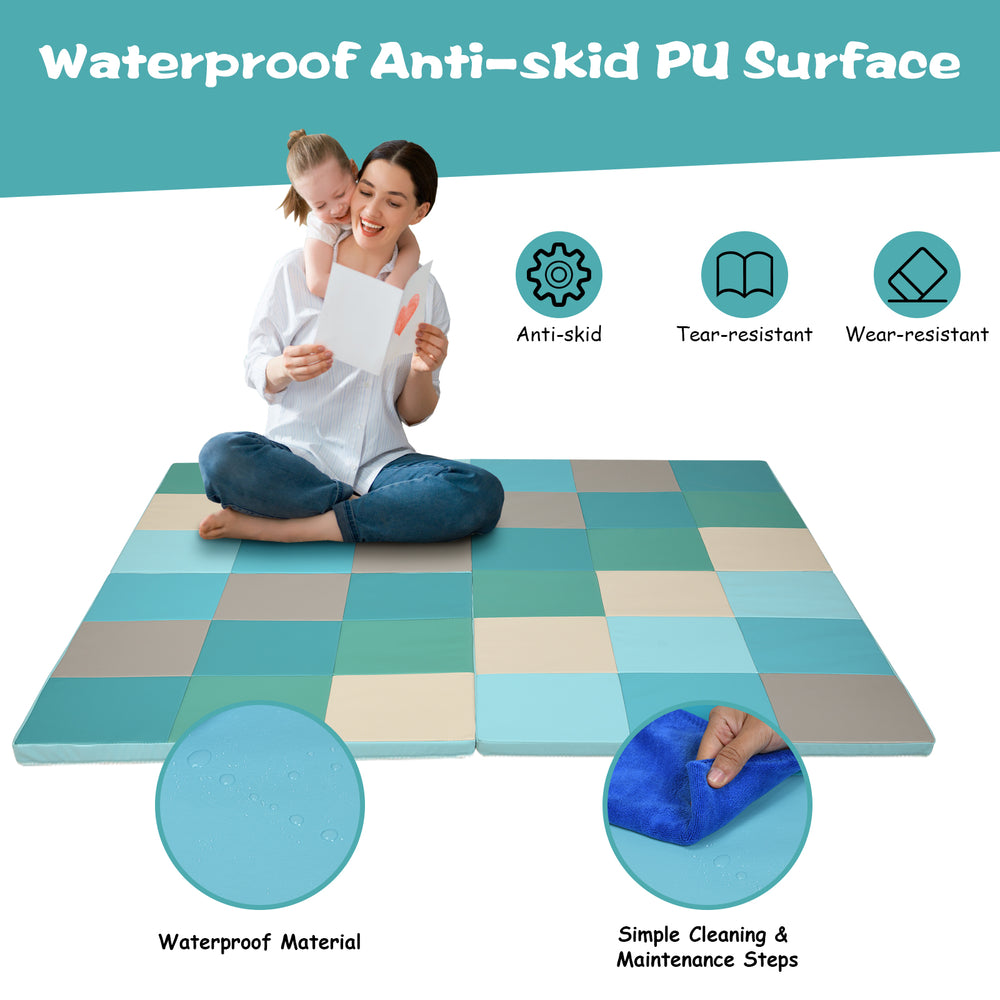 Colorful PU play mat with waterproof and anti-slip features, ideal for use with a Swedish ladder for safe play.